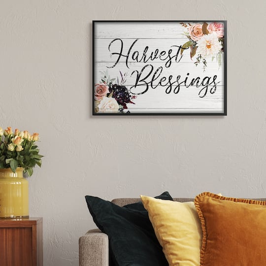 Stupell Industries Harvest Blessings Phrase Pink Peony Floral Arrangements in Frame Wall Art